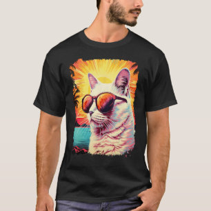 Pop Art Weiße Katze Hawaiianischer Strand Sommerpa T-Shirt