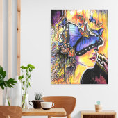 Pop Art Woman Blue Butterfly Portrait Poster