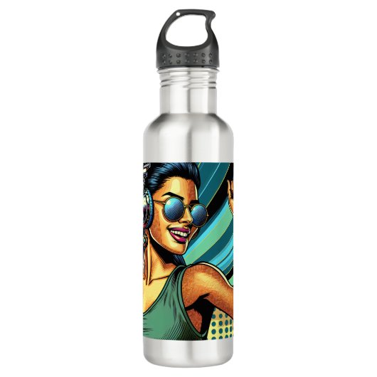 Pop Art Woman in Kopfhörern tanzen Edelstahlflasche (Vorderseite)