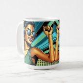 Pop Art Woman in Kopfhörern tanzen Kaffeetasse (Vorderseite Links)