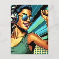 Pop Art Woman in Kopfhörern tanzen