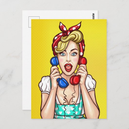 Pop Art Woman on Two Phones Postcard Postkarte (Vorne/Hinten)