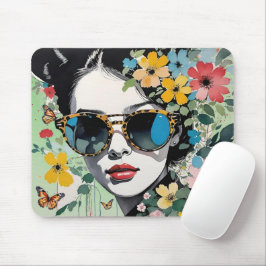 Pop Art Woman's Face Floral mit Schmetterlingen Mousepad