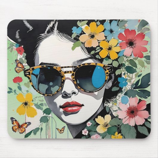 Pop Art Woman's Face Floral mit Schmetterlingen Mousepad (Vorne)