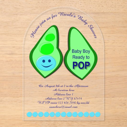 Pop Baby Boy Blue Pea Baby Dusche nach Maß Acryleinladungen (Vorderseite)