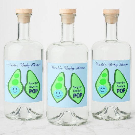 Pop Baby Boy Blue Pea Baby Dusche nach Maß Alkoholflaschenetikett (Flaschen)