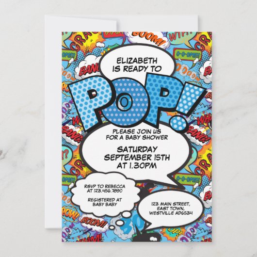 Pop Baby Dusche Comic Buch Modern Blue Einladung (Vorderseite)