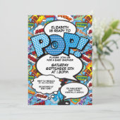 Pop Baby Dusche Comic Buch Modern Blue Einladung (Stehend Vorderseite)