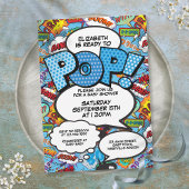 Pop Baby Dusche Comic Buch Modern Blue Einladung