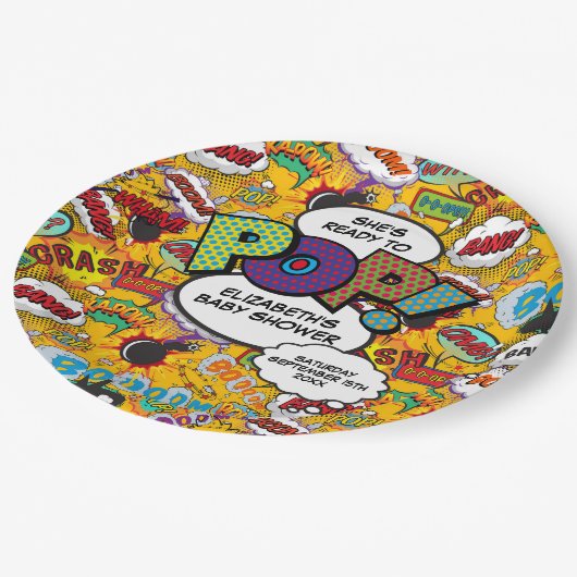 Pop Baby Shower Fun Comic Book Pappteller (Schrägansicht)