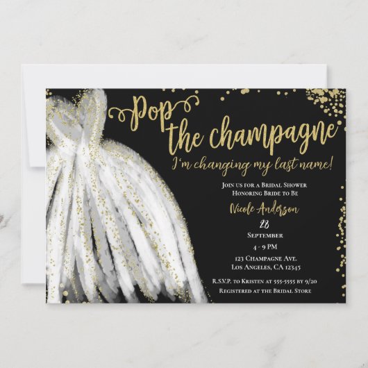 Pop Champagne Dress & Gold Glitzer Brautparty Einladung (Vorderseite)