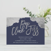 Pop clink fiz Drehbuch Blau Silber Silvester Einladung (Stehend Vorderseite)