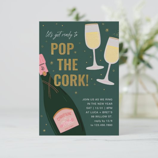 Pop Cork Champagne Brut Neujahr Einladung (Stehend Vorderseite)