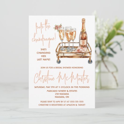 Pop den Champage! Brautparty aus Gold und Rosa Einladung (Stehend Vorderseite)