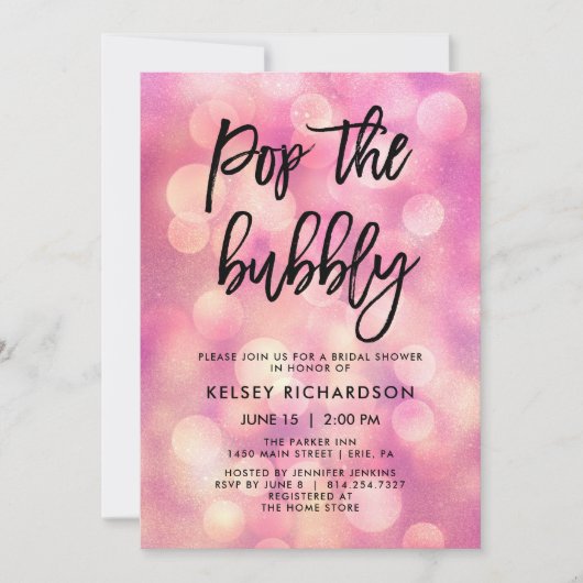 Pop der Bubbly | Pink Bokeh Look Brautparty Einladung (Vorderseite)