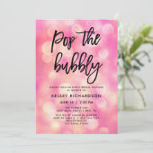 Pop der Bubbly | Pink Bokeh Look Brautparty Einladung (Stehend Vorderseite)