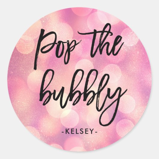 Pop der Bubbly | Pink Bokeh Look Brautparty Runder Aufkleber (Vorderseite)