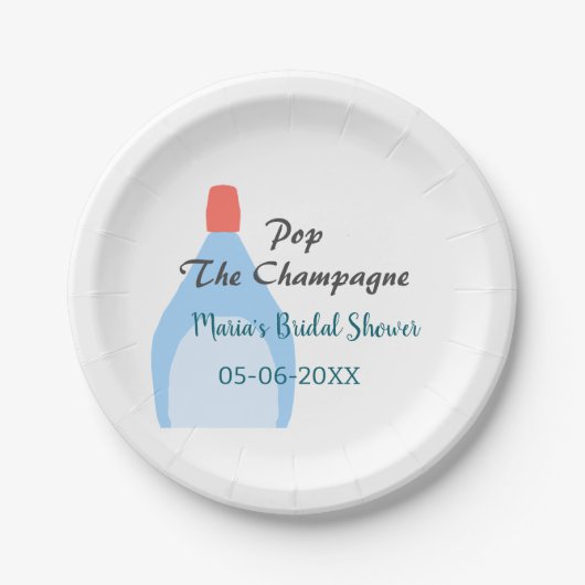 Pop des Champagner-blauen Brautparty Name Datum hi Pappteller (Vorderseite)
