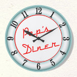 Pop Diner Retro Küchenmauer Große Wanduhr<br><div class="desc">Pop Diner in neonroten Buchstaben auf einem lustigen Kochen Dekor Küchenstube. Schwarze Zahlen auf aquamarinem Hintergrund verleihen diesem Design ein Retro-Look der 50er Jahre.</div>