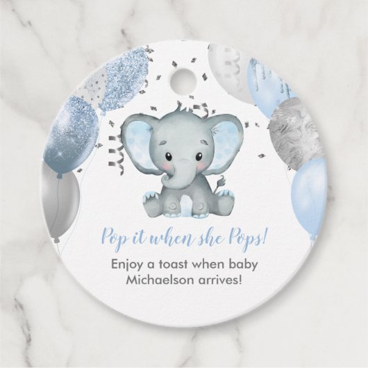 Pop es, wenn sie Blue Elephant Baby Dusche Pop Geschenkanhänger (Vorderseite)