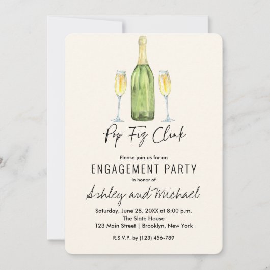 Pop Fiz Champagne Engagement Partei Einladung (Vorderseite)