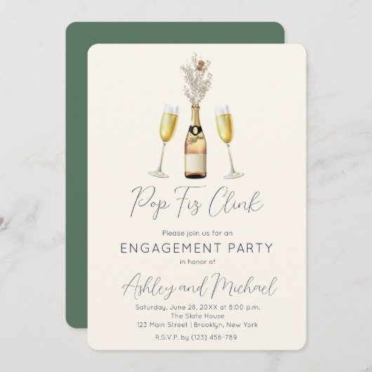 Pop Fiz Champagne Engagement Partei Einladung (Vorne/Hinten)