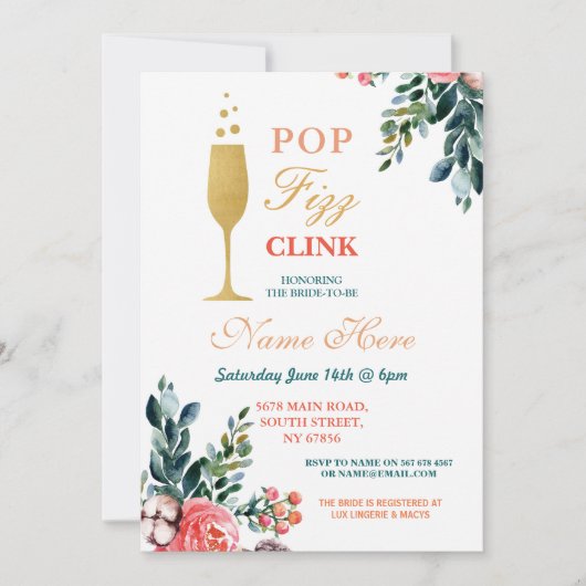 Pop Fizz Clink Brautparty Champagne Goldene Lunge Einladung (Vorderseite)
