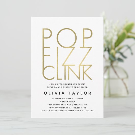Pop Fizz Clink Bridal Dusche Einladung, Imitate Go Einladung (Stehend Vorderseite)