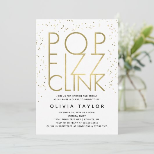 Pop Fizz Clink Bridal Dusche Einladung, Imitate Go Einladung (Stehend Vorderseite)