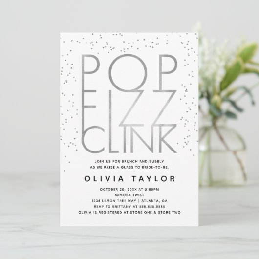 Pop Fizz Clink Bridal Dusche Einladung, Silber Einladung (Stehend Vorderseite)
