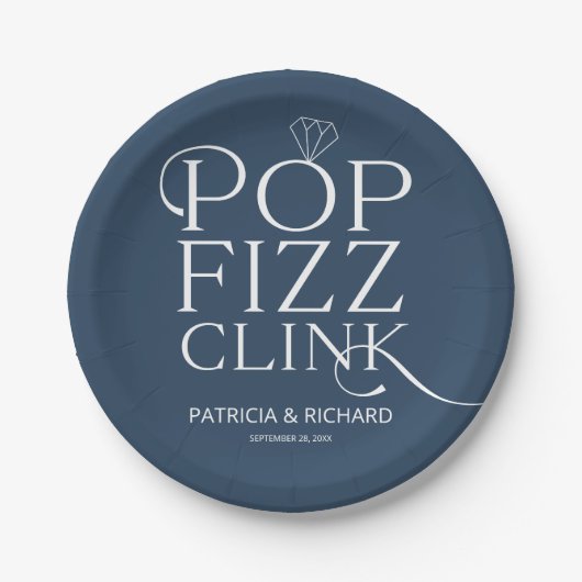 Pop Fizz Clink Engagement Party Blau Pappteller (Vorderseite)