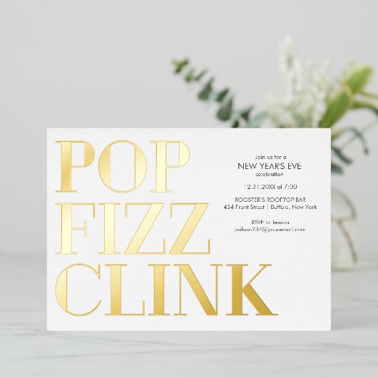 Pop Fizz Clink Gold Neujahrsfeier Einladung (Stehend vorne)