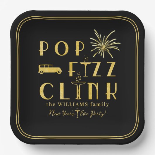 Pop Fizz Clink Gold Typografie Silvester Pappteller (Vorderseite)