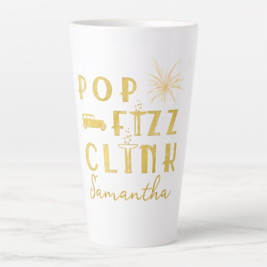 Pop Fizz Clink Gold Typograpy Modern New Years Eve Milchtasse (Vorderseite)