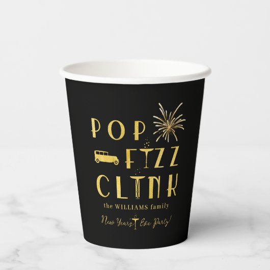 Pop Fizz Clink Gold Typograpy Modern New Years Eve Pappbecher (Rückseite)