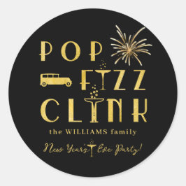 Pop Fizz Clink Gold Typograpy Modern New Years Eve Runder Aufkleber