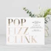 Pop Fizz Clink Imitate Gold Foil Neujahr Einladung (Stehend Vorderseite)