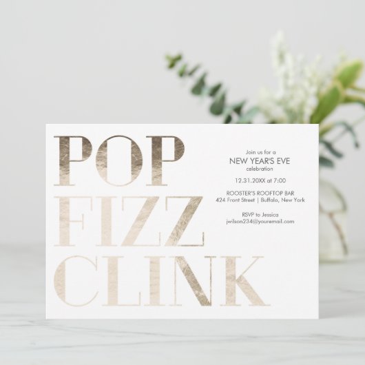 Pop Fizz Clink Imitate Gold Foil Neujahr Einladung (Stehend Vorderseite)