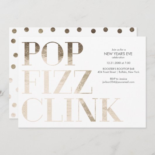 Pop Fizz Clink Imitate Gold Foil Neujahr Einladung (Vorne/Hinten)