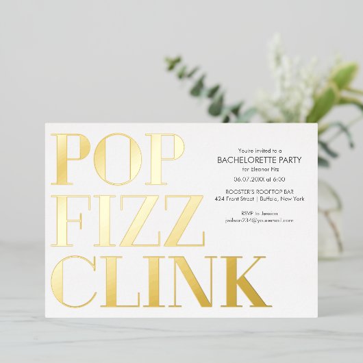 Pop Fizz Clink Junggeselinnen-Abschied Foil Einlad Folieneinladung (Stehend vorne)