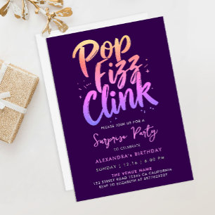 Pop Fizz Clink Lila und Rosa Kalligrafieschrift Einladung