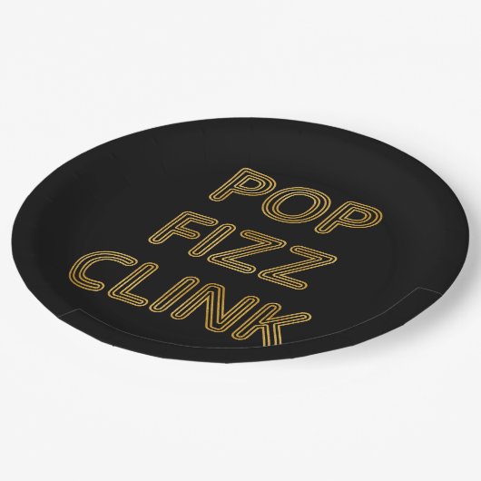 Pop Fizz Clink Moderne Typografie Neujahr Pappteller (Schrägansicht)