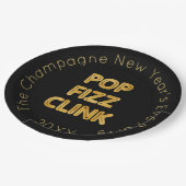 Pop Fizz Clink Moderne Typografie Neujahr Pappteller (Schrägansicht)