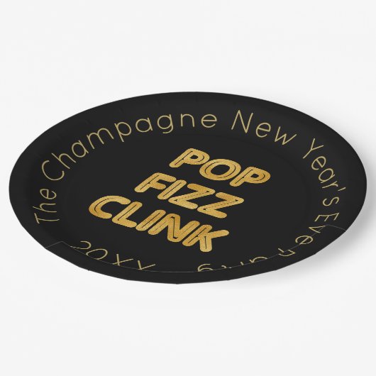 Pop Fizz Clink Moderne Typografie Neujahr Pappteller (Schrägansicht)