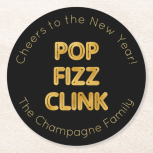Pop Fizz Clink Moderne Typografie Neujahr Runder Pappuntersetzer
