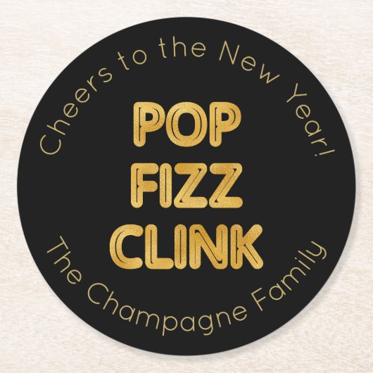 Pop Fizz Clink Moderne Typografie Neujahr Runder Pappuntersetzer (Vorderseite)
