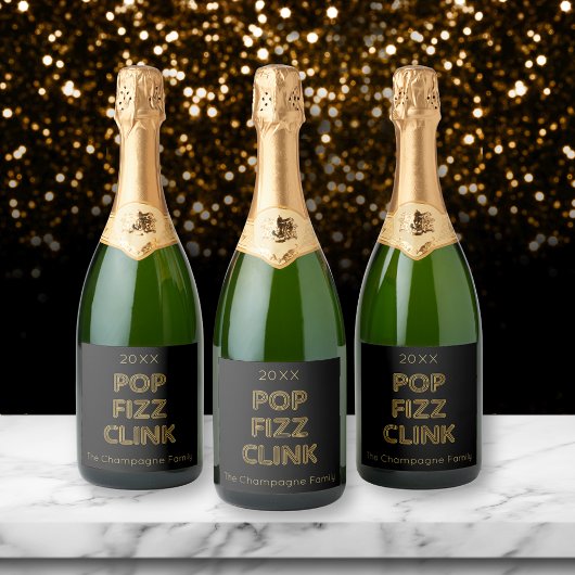 Pop Fizz Clink Moderne Typografie Neujahr Schaumweinetikett