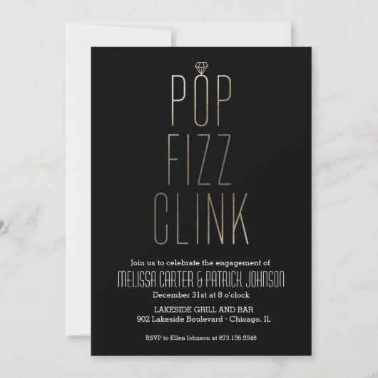 Pop Fizz Clink Neue Jahr Engagement Partei Imitate Einladung (Vorderseite)