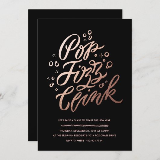 Pop, Fizz, Clink!  Party Einladung der Silvester (Vorne/Hinten)