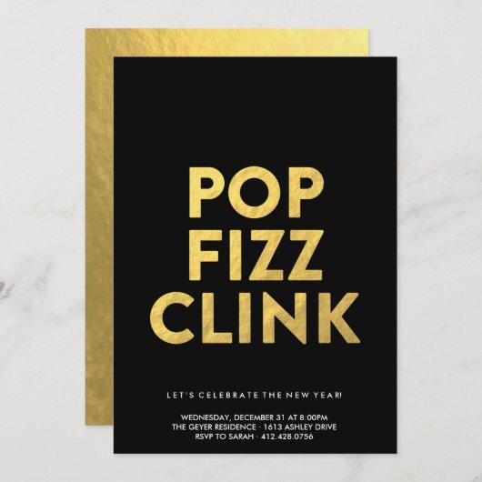 POP FIZZ CLINK! - Party Einladung der Silvester (Vorne/Hinten)